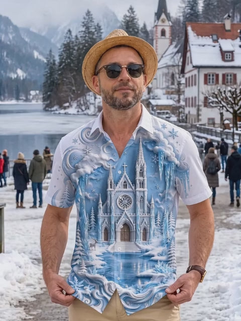 Oceanlyte Men's Graphic Ice Castle And Winter Landscape Print Short Sleeve Shirt with Chest Pocket