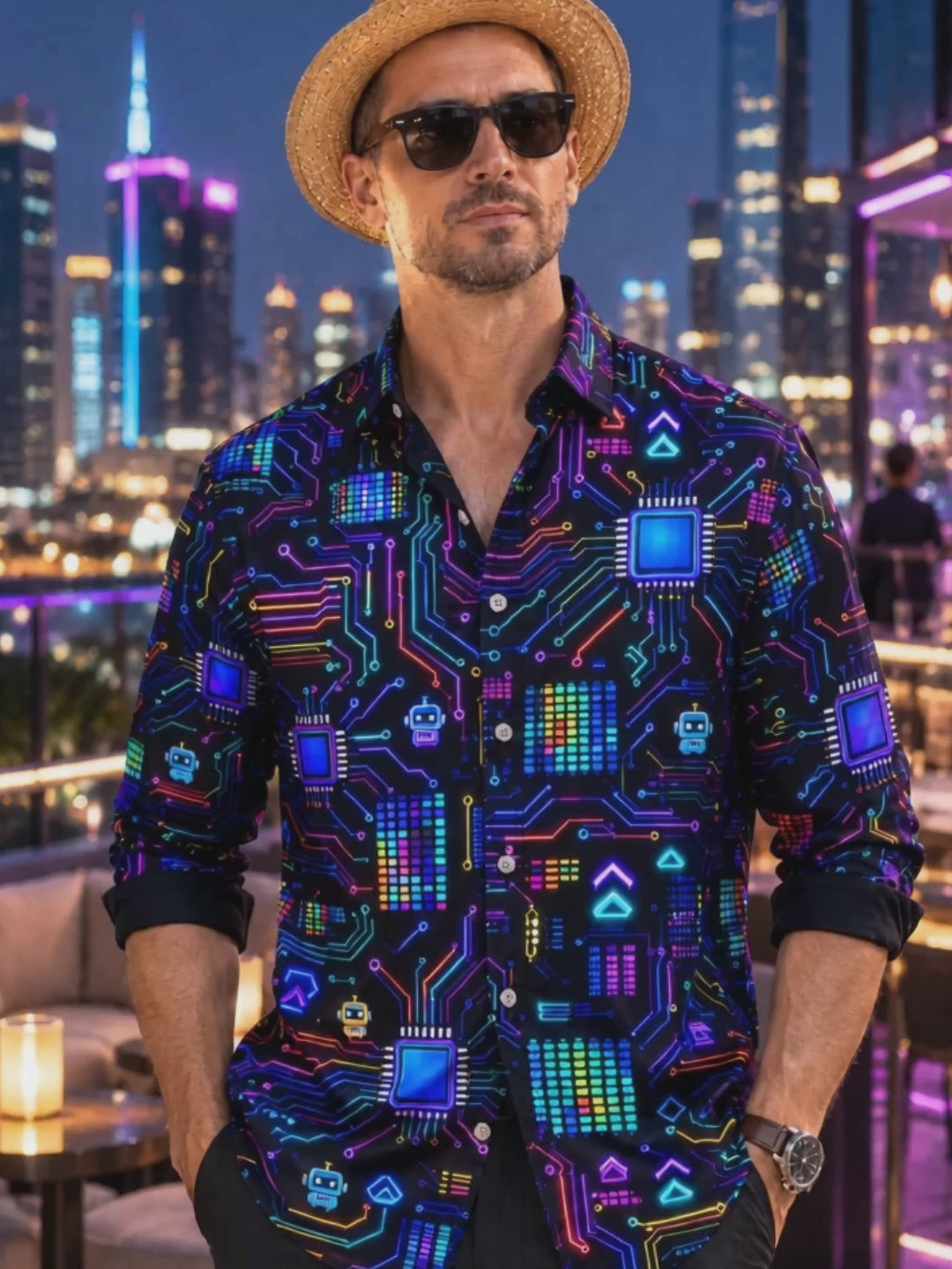 Oceanlyte Men's Retro Neon Circuit Board And Robot Icons Print Long Sleeve Shirt with Chest Pocket