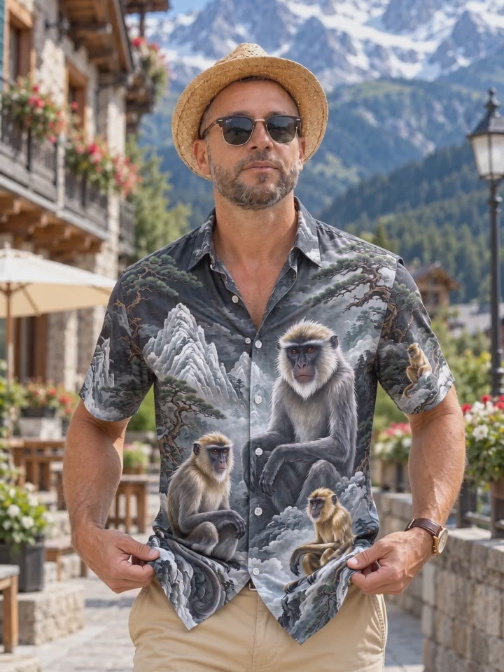 Oceanlyte Men's Hawaiian Monkeys In Mountain Landscape Print Short Sleeve Shirt with Chest Pocket