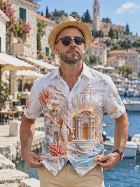 Oceanlyte Men's 3D Relief Seashell Undersea Temple Print Short Sleeve Shirt with Chest Pocket