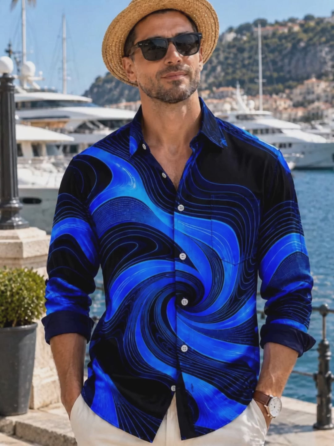 Oceanlyte Men's Abstract Abstract Blue And Black Swirl Pattern Long Sleeve Shirt with Chest Pocket
