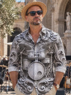 Oceanlyte Men's Stone Carving Drum Set Print Long Sleeve Shirt with Chest Pocket