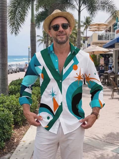Oceanlyte Men's Geometric Abstract Shapes And Stars Print Long Sleeve Shirt with Chest Pocket
