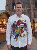 Oceanlyte Men's Long Sleeve Shirt - Christmas Parrot With Santa Hat And Scarf Print with Chest Pocket