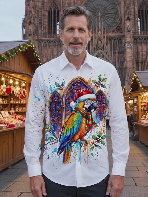 Oceanlyte Men's Long Sleeve Shirt - Christmas Parrot With Santa Hat And Scarf Print with Chest Pocket