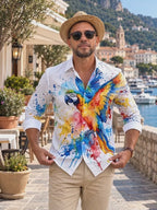 Oceanlyte Men's Short Sleeve Shirt - Watercolor Macaw Parrot With Splatter Paint Print with Chest Pocket