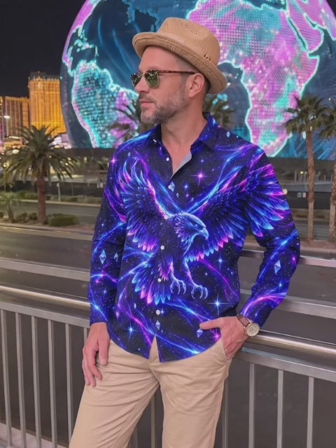 Oceanlyte Men's Neon Eagle With Galaxy Background Print Long Sleeve Shirt with Chest Pocket