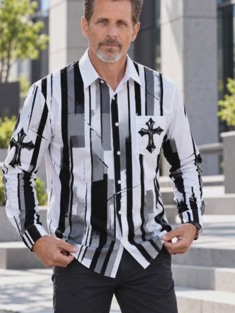 Oceanlyte Men's Long Sleeve Shirt - Black And White Striped Pattern With Cross Motifs with Chest Pocket
