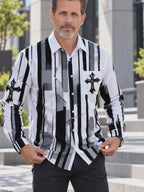 Oceanlyte Men's Long Sleeve Shirt - Black And White Striped Pattern With Cross Motifs with Chest Pocket