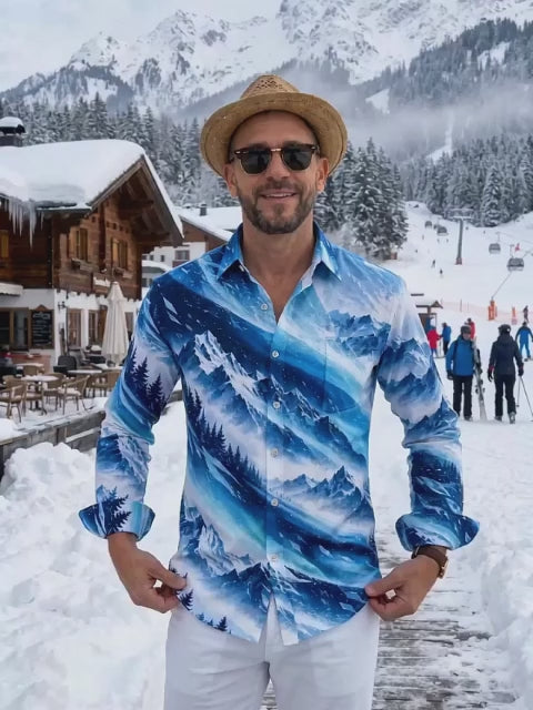 Oceanlyte Men's Printed Snowy Mountains And Pine Forest Print Long Sleeve Shirt with Chest Pocket