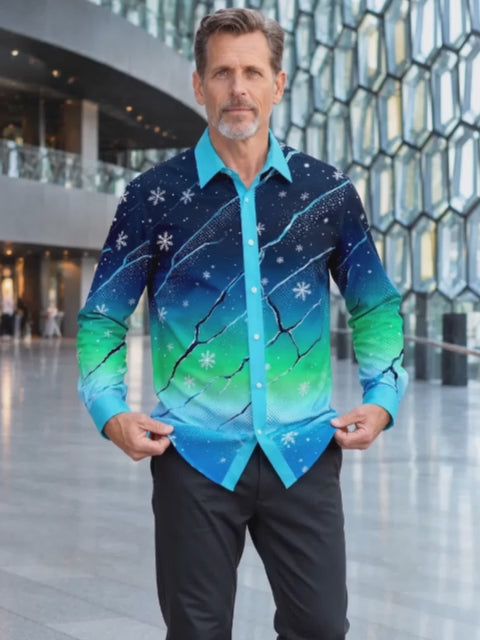 Oceanlyte Men's Snowflake Gradient With Geometric Cracks Print Long Sleeve Shirt with Chest Pocket
