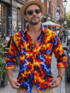 Oceanlyte Men's Tie Dye Abstract Lava And Lightning Pattern Long Sleeve Shirt with Chest Pocket