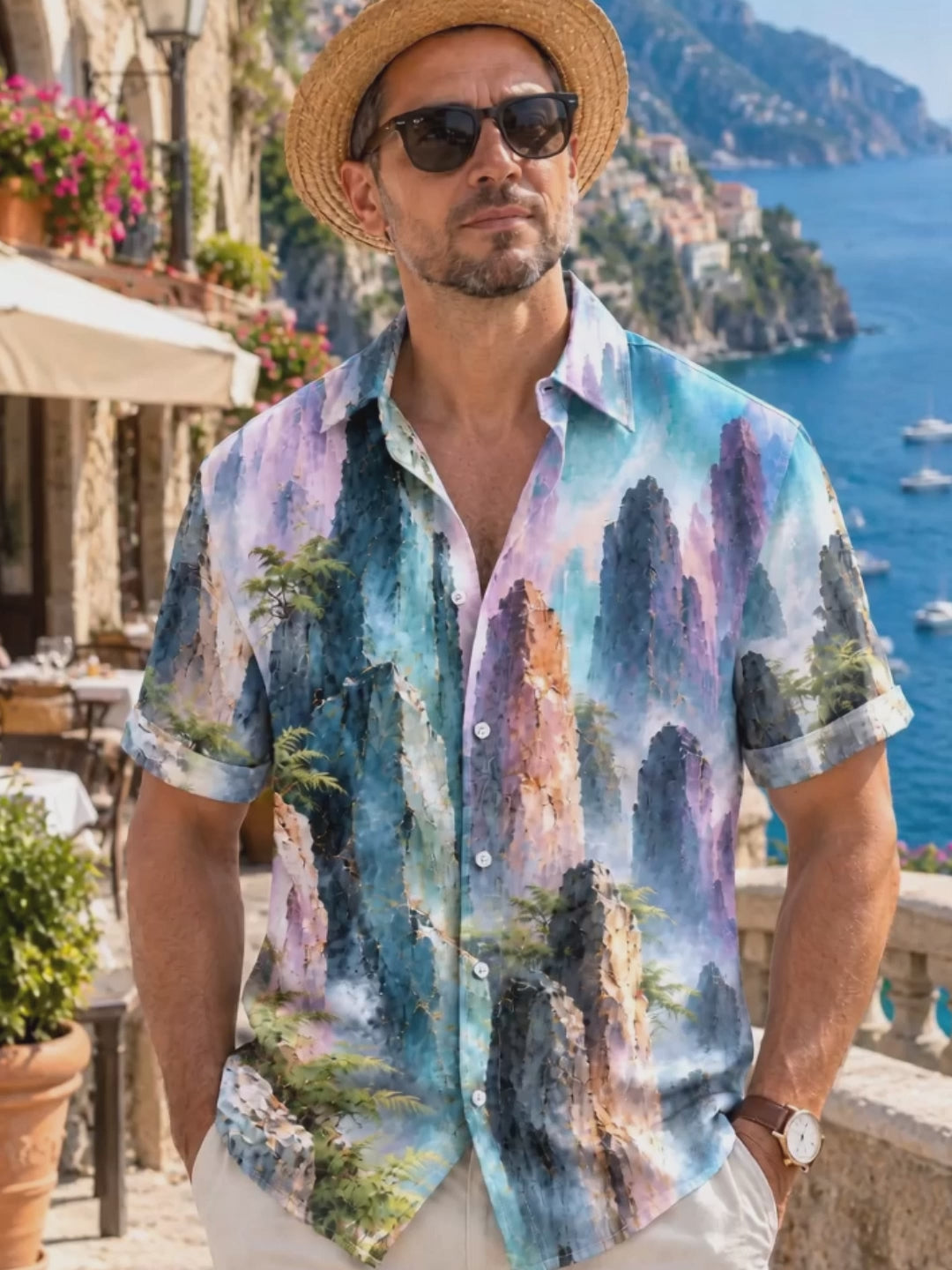 Oceanlyte Men's Mountain Landscape With Pine Trees Print Short Sleeve Shirt with Chest Pocket
