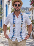 Oceanlyte Men's Geometric Floral And Sunburst Pattern Short Sleeve Shirt with Chest Pocket