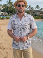 Oceanlyte Men's Hawaiian Palm Trees And Beach Scene Print Short Sleeve Shirt with Chest Pocket