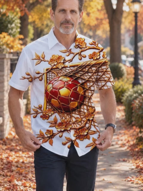 Oceanlyte Men's Short Sleeve Shirt - Soccer Goal And Ball With Plum Blossom Branches Print with Chest Pocket