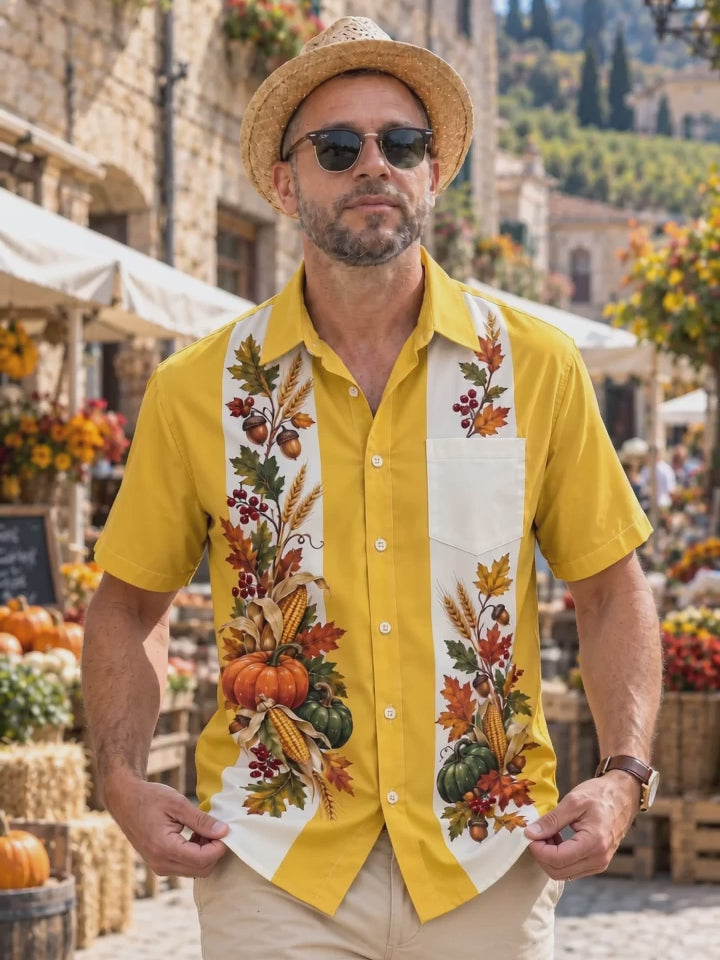 Oceanlyte Men's Thanksgiving Harvest Pumpkins And Corn Print Short Sleeve Shirt with Chest Pocket