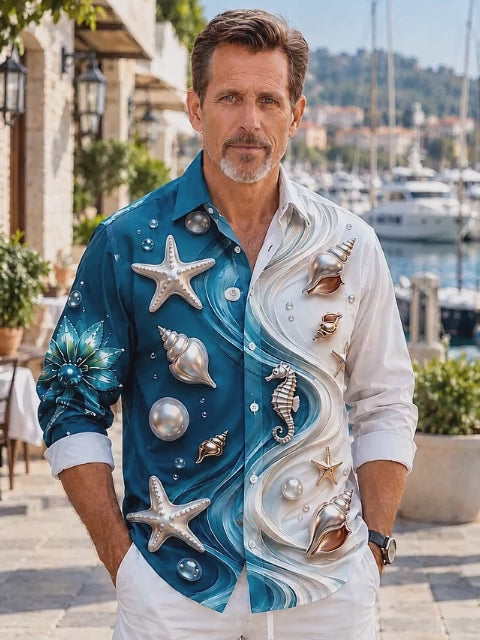 Oceanlyte Men's Sea Shells Starfish And Seahorse Print Long Sleeve Shirt with Chest Pocket