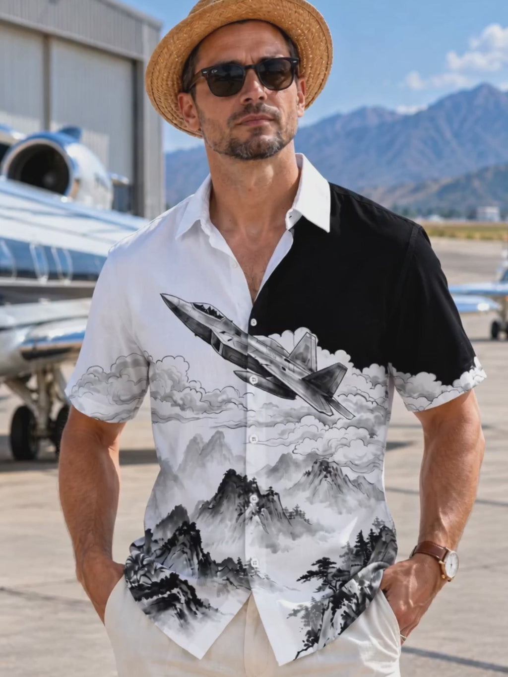 The "Stealth Ink" Oceanlyte Men's Short Sleeve Shirt - Fighter Jet And Ink Wash Landscape Print with Chest Pocket