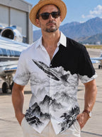 The "Stealth Ink" Oceanlyte Men's Short Sleeve Shirt - Fighter Jet And Ink Wash Landscape Print with Chest Pocket