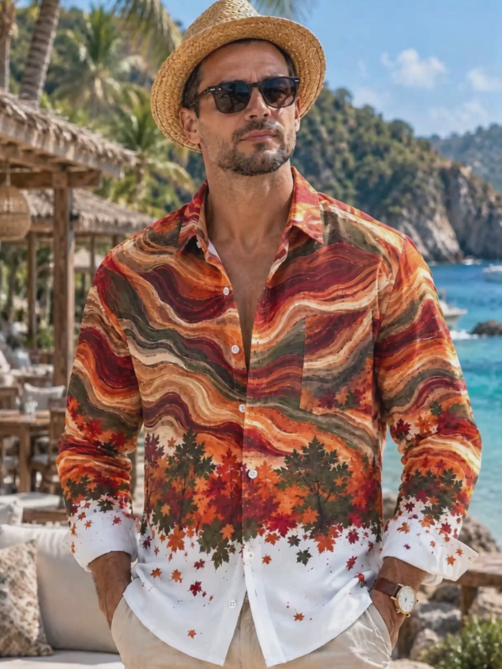 Oceanlyte Men's Autumn Maple Leaves And Wavy Lines Print Long Sleeve Shirt with Chest Pocket