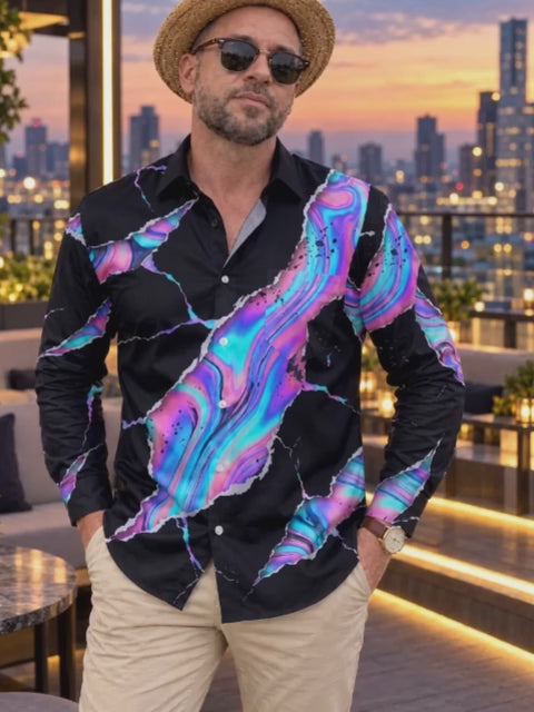 Oceanlyte Men's Long Sleeve Shirt - Abstract Psychedelic Swirls And Splatters Print with Chest Pocket