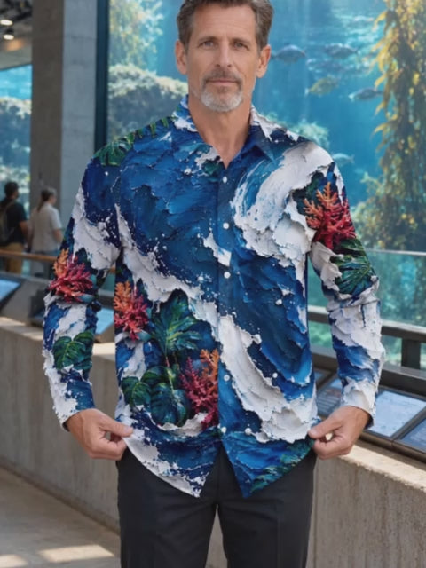 Oceanlyte Men's Hawaiian Coral Reefs And Tropical Leaves Print Long Sleeve Shirt with Chest Pocket