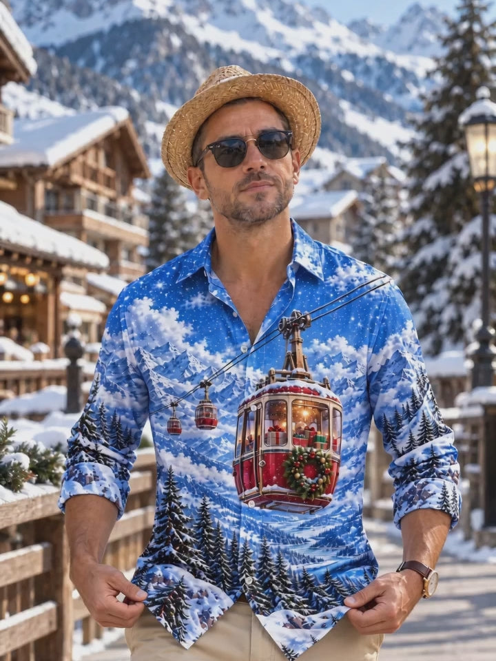 Oceanlyte Men's Long Sleeve Shirt - Mountain Cable Car With Christmas Gifts And Wreath Print with Chest Pocket