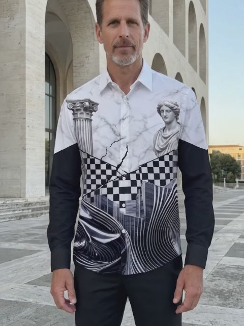 Oceanlyte Men's Long Sleeve Shirt - Abstract Geometric And Psychedelic Patterns With Classical Statue Print with Chest Pocket