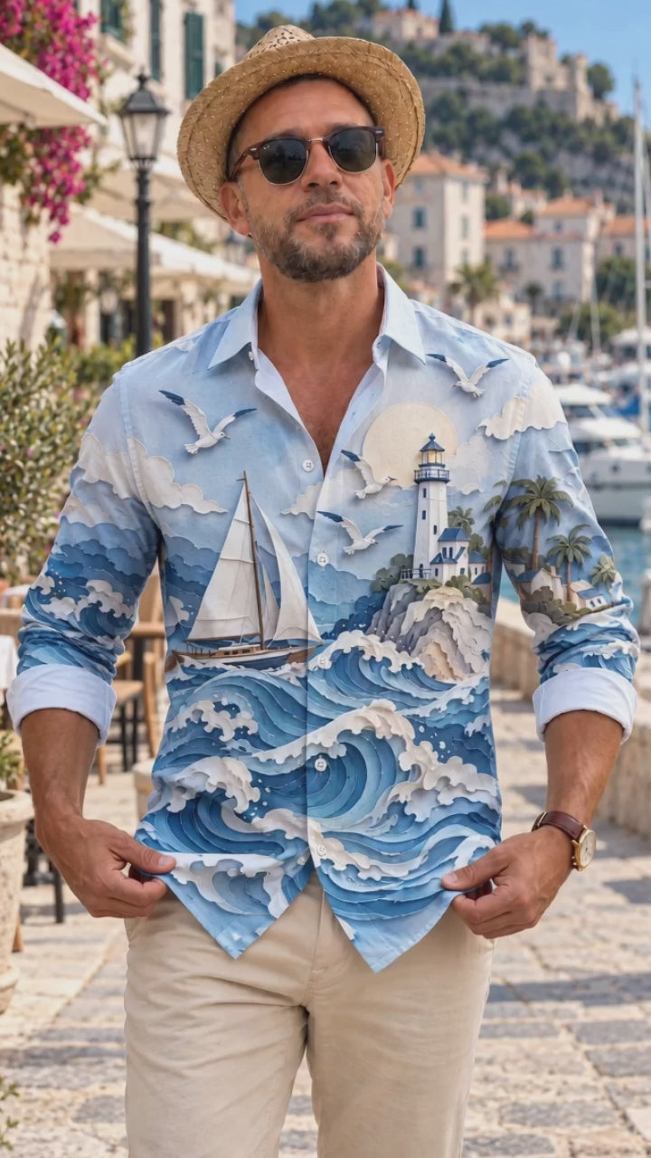 Oceanlyte Men's 3D Ocean Waves And Sailboat Print Long Sleeve Shirt with Chest Pocket
