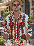 Oceanlyte Men's Long Sleeve Shirt - Poinsettia And Holly With Christmas Ornaments Print with Chest Pocket