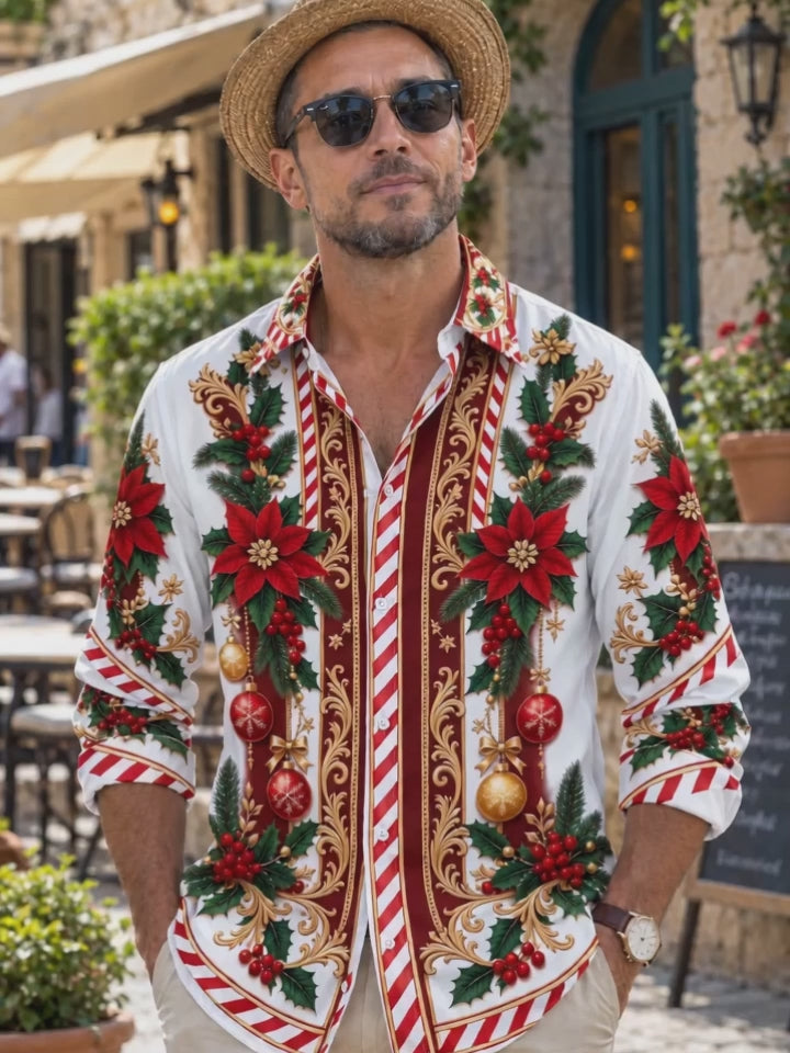 Oceanlyte Men's Long Sleeve Shirt - Poinsettia And Holly With Christmas Ornaments Print with Chest Pocket