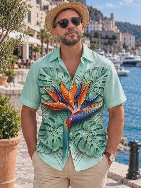 Oceanlyte Men's Short Sleeve Shirt - Bird Of Paradise Flower And Monstera Leaves Print with Chest Pocket