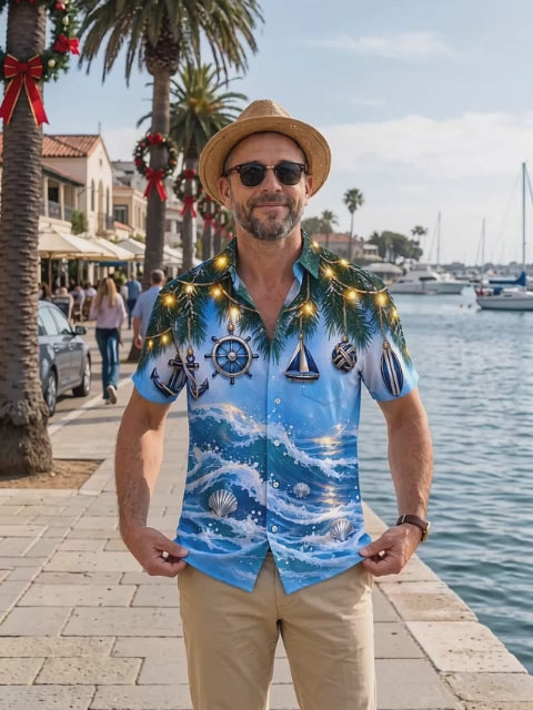 Oceanlyte Men's Short Sleeve Shirt - Christmas Pine Branches And Nautical Ornaments Print with Chest Pocket