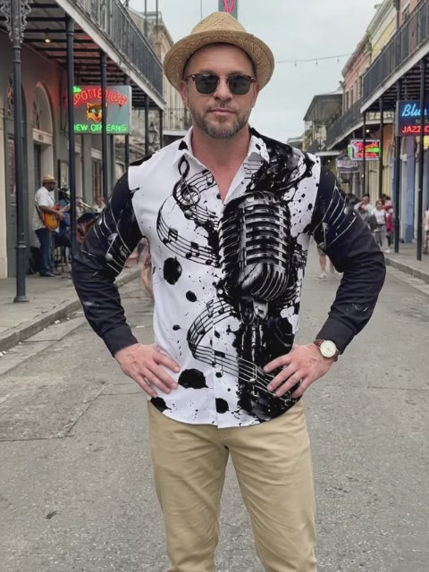 Oceanlyte Men's Vintage Microphone And Musical Notes Print Long Sleeve Shirt with Chest Pocket