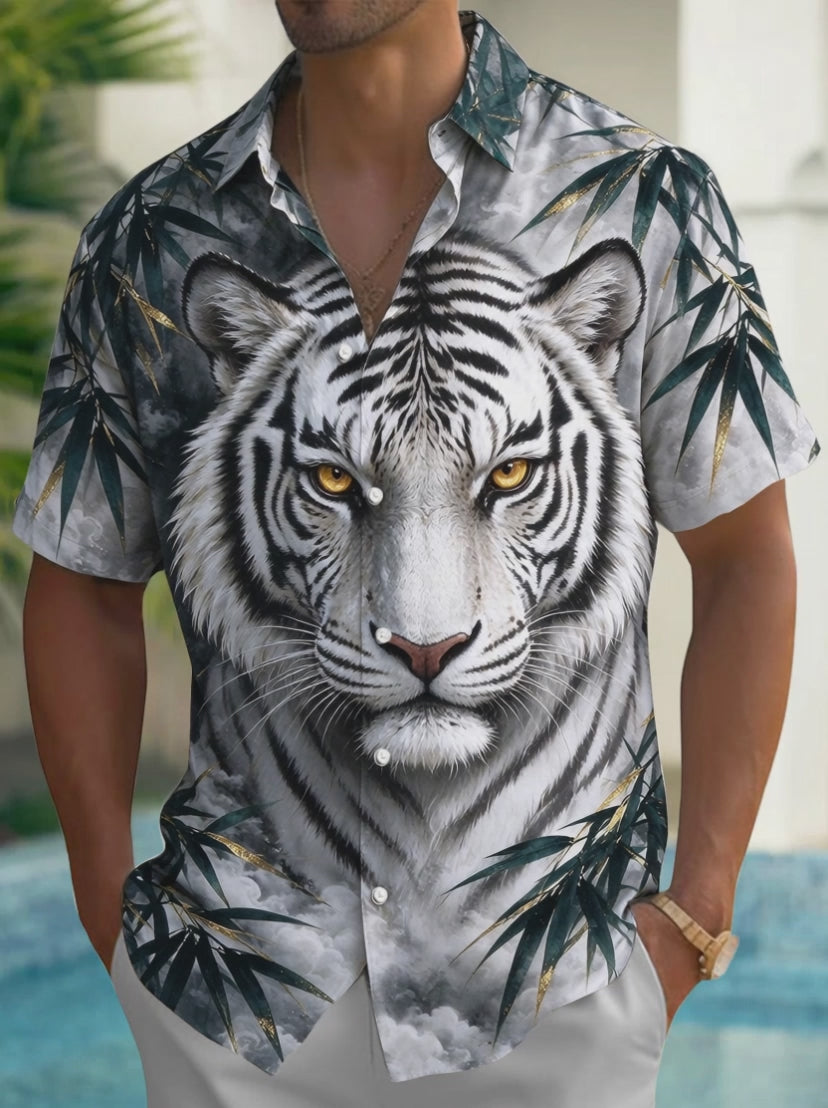 Oceanlyte Men's Hawaiian White Tiger Face Print Short Sleeve Shirt with Chest Pocket