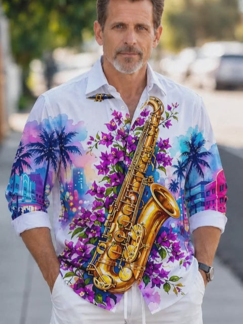 Oceanlyte Men's Hawaiian Saxophone And Purple Flowers Print Long Sleeve Shirt with Chest Pocket