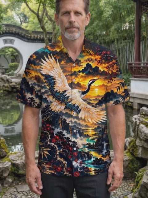 Oceanlyte Men's Red-crowned Crane And Landscape Print Short Sleeve Shirt with Chest Pocket