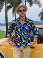 Oceanlyte Men's Printed Neon Abstract Wavy Lines Print Long Sleeve Shirt with Chest Pocket