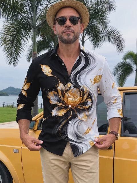 Oceanlyte Men's Long Sleeve Shirt - Gold Peony Floral With Black And White Swirls Print with Chest Pocket