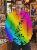 Oceanlyte Men's Long Sleeve Shirt - Rainbow Gradient With Musical Notes And Staff Print with Chest Pocket