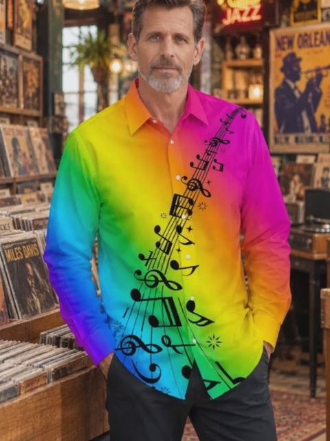 Oceanlyte Men's Long Sleeve Shirt - Rainbow Gradient With Musical Notes And Staff Print with Chest Pocket