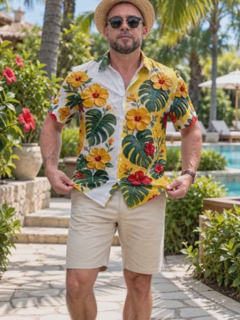 Oceanlyte Men's Hibiscus Flowers And Monstera Leaves Print Short Sleeve Shirt with Chest Pocket