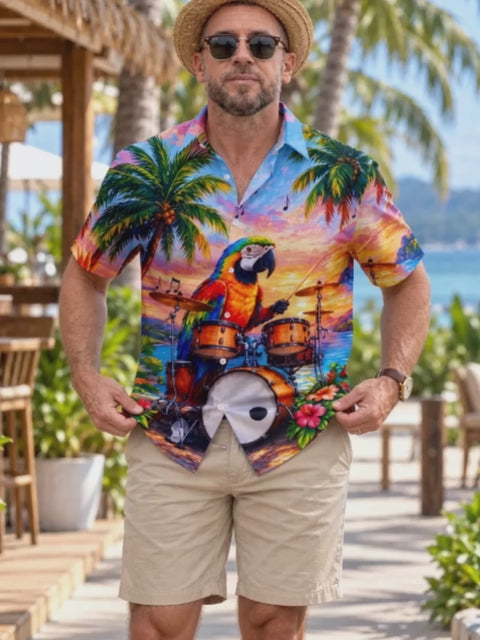 Oceanlyte Men's Hawaiian Parrot Playing Drums Print Short Sleeve Shirt with Chest Pocket