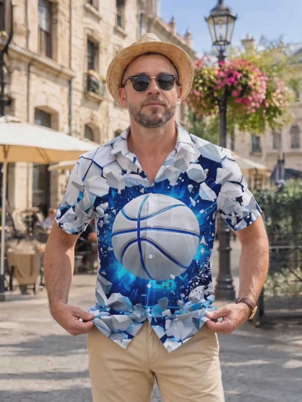 Oceanlyte Men's 3D Basketball Breaking Through Wall Print Short Sleeve Shirt with Chest Pocket