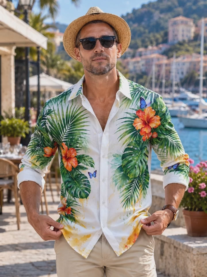 Oceanlyte Men's Long Sleeve Shirt - Tropical Hibiscus Flowers And Palm Leaves Print with Chest Pocket