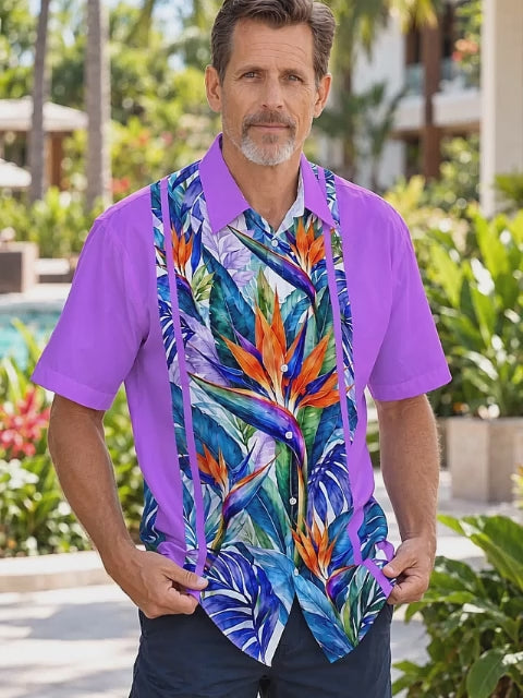 Oceanlyte Men's Short Sleeve Shirt - Bird Of Paradise Flowers And Tropical Leaves Print with Chest Pocket