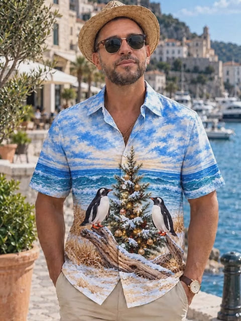 Oceanlyte Men's Hawaiian Penguins And Christmas Tree Print Short Sleeve Shirt with Chest Pocket