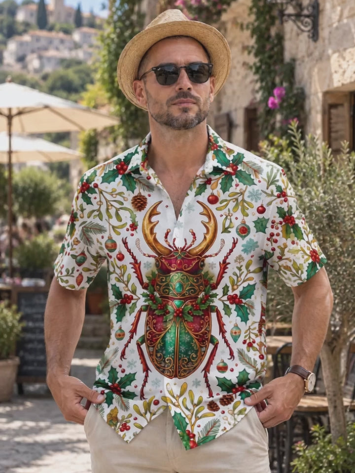 Oceanlyte Men's Hawaiian Christmas Jewel Stag Beetle Print Short Sleeve Shirt with Chest Pocket