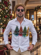 Oceanlyte Men's Long Sleeve Shirt - Watercolor Christmas Trees With Ornaments And Stars Print with Chest Pocket